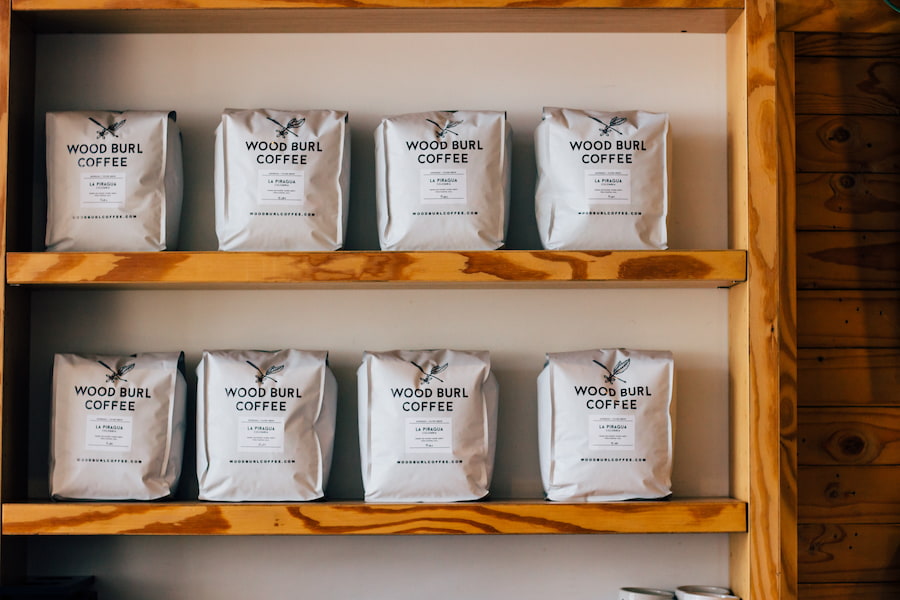 An image of coffee bags in a shelf