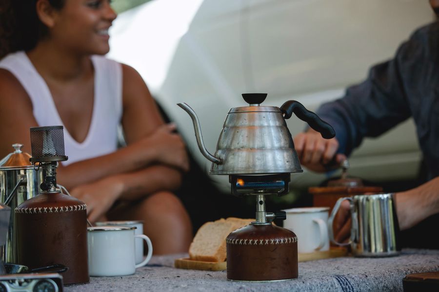 Gooseneck kettle on a portable gas burner