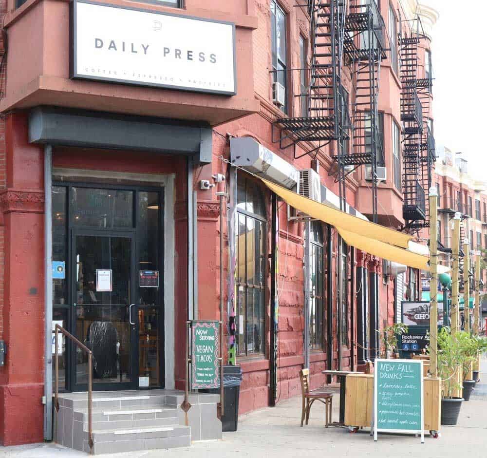 Daily Press coffee shop located in Brooklyn painted in red color