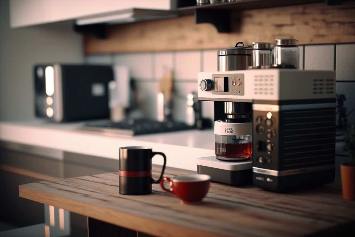 A coffee maker and two different cups in black and red color placed on a wooden table in the kitchen