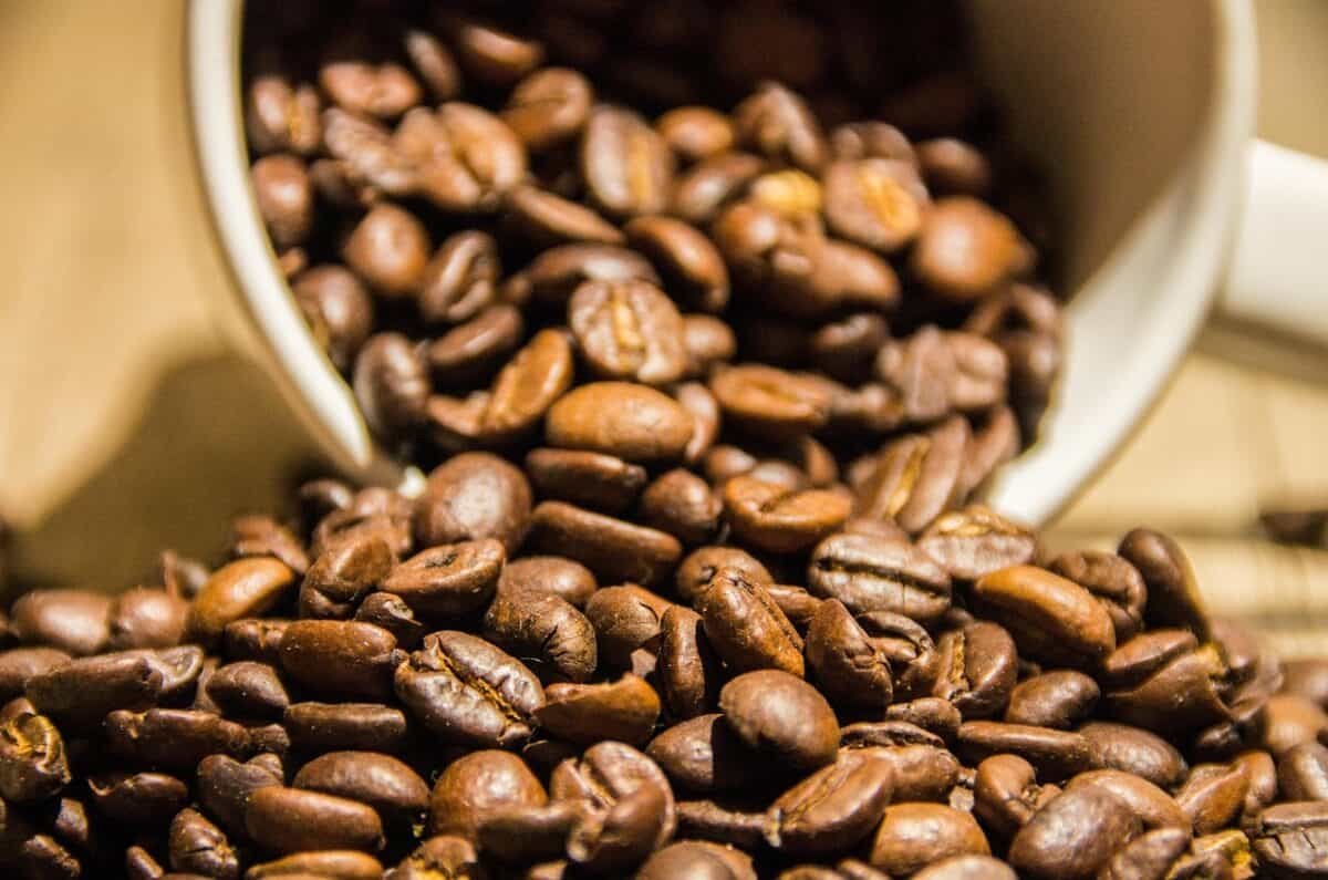 A close-up view of a white mug filled with roasted coffee beans