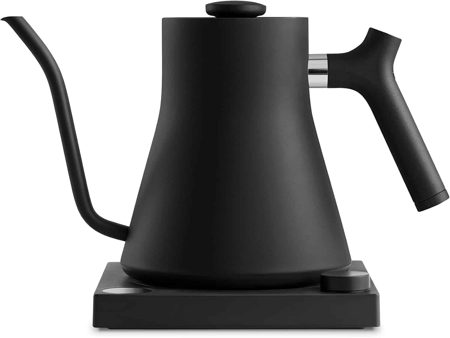 Sleek black electric kettle on a matching base, designed for quick and easy boiling of coffee or tea, perfect for modern kitchen routines.