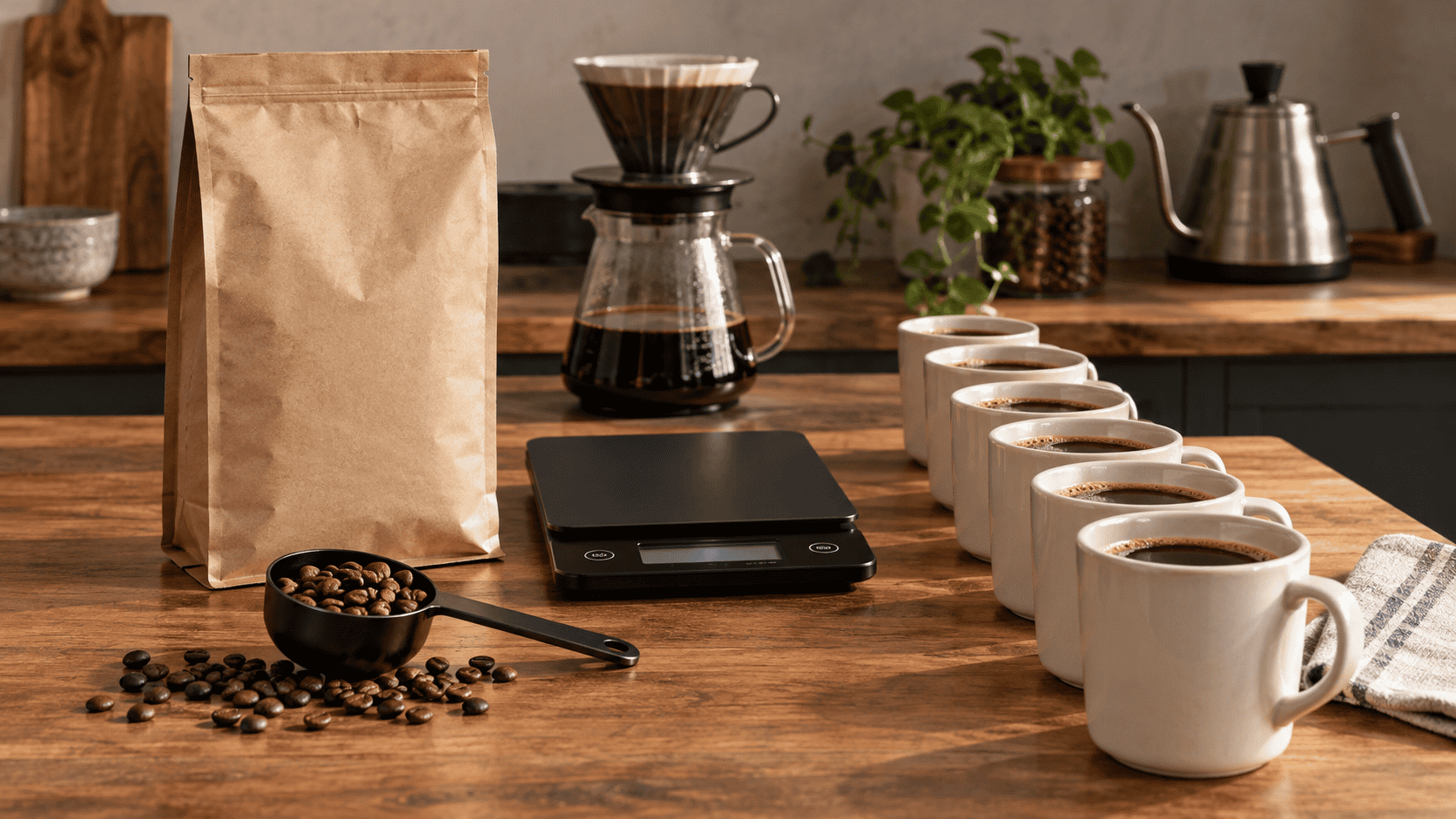 A coffee bag, coffee cups, and brewing equipment on a wooden table, illustrating coffee preparation and measurement.