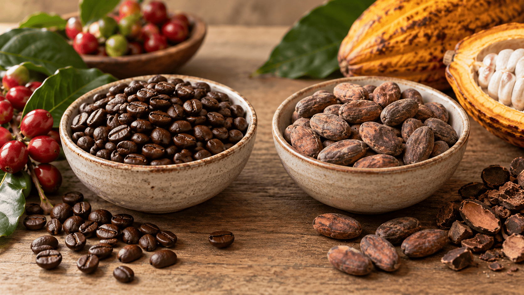 Close-up of coffee beans and cacao beans in bowls with cocoa pods and berries in the background.