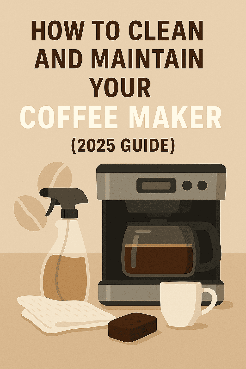 Cleaning coffee maker with spray bottle and cloth for maintenance.