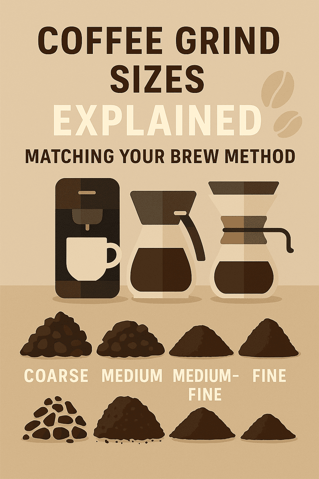 Coffee grind sizes explained for brewing coffee, including coarse, medium, and fine grounds, with brewing method matching tips.
