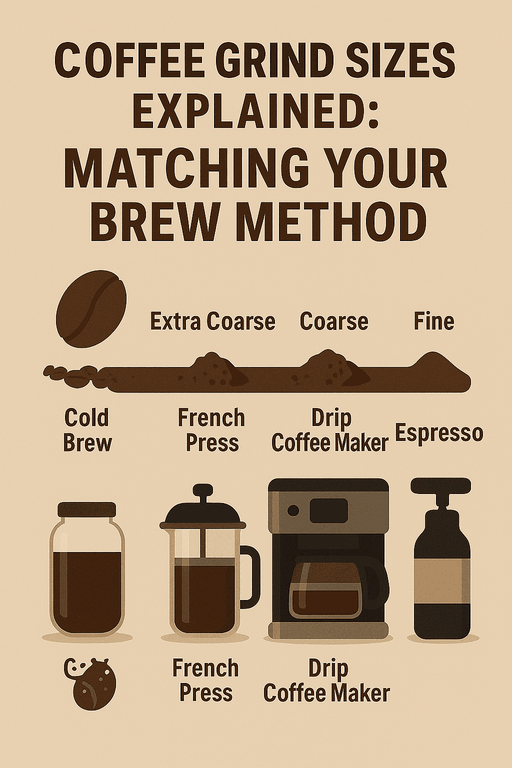 Coffee grind size chart for brewing methods, including cold brew, French press, drip, and espresso.