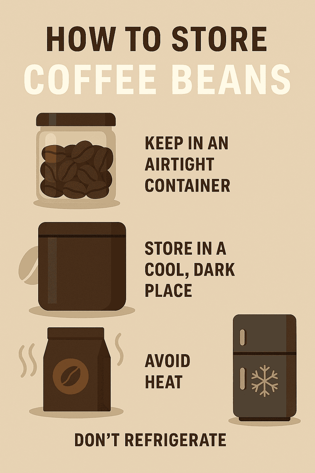 Freshly roasted coffee beans stored in an airtight container, kept in a cool, dark place, and avoided heat for optimal flavor preservation.