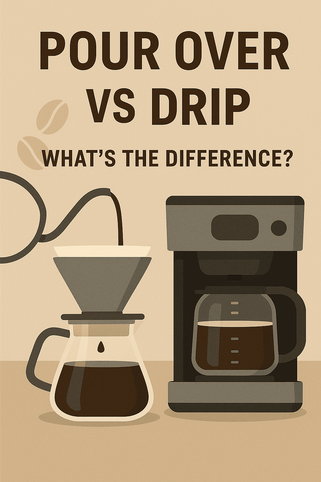 Pour over vs drip coffee brewing comparison infographic, highlighting the differences and benefits of each method, from Fueled By Coffee.