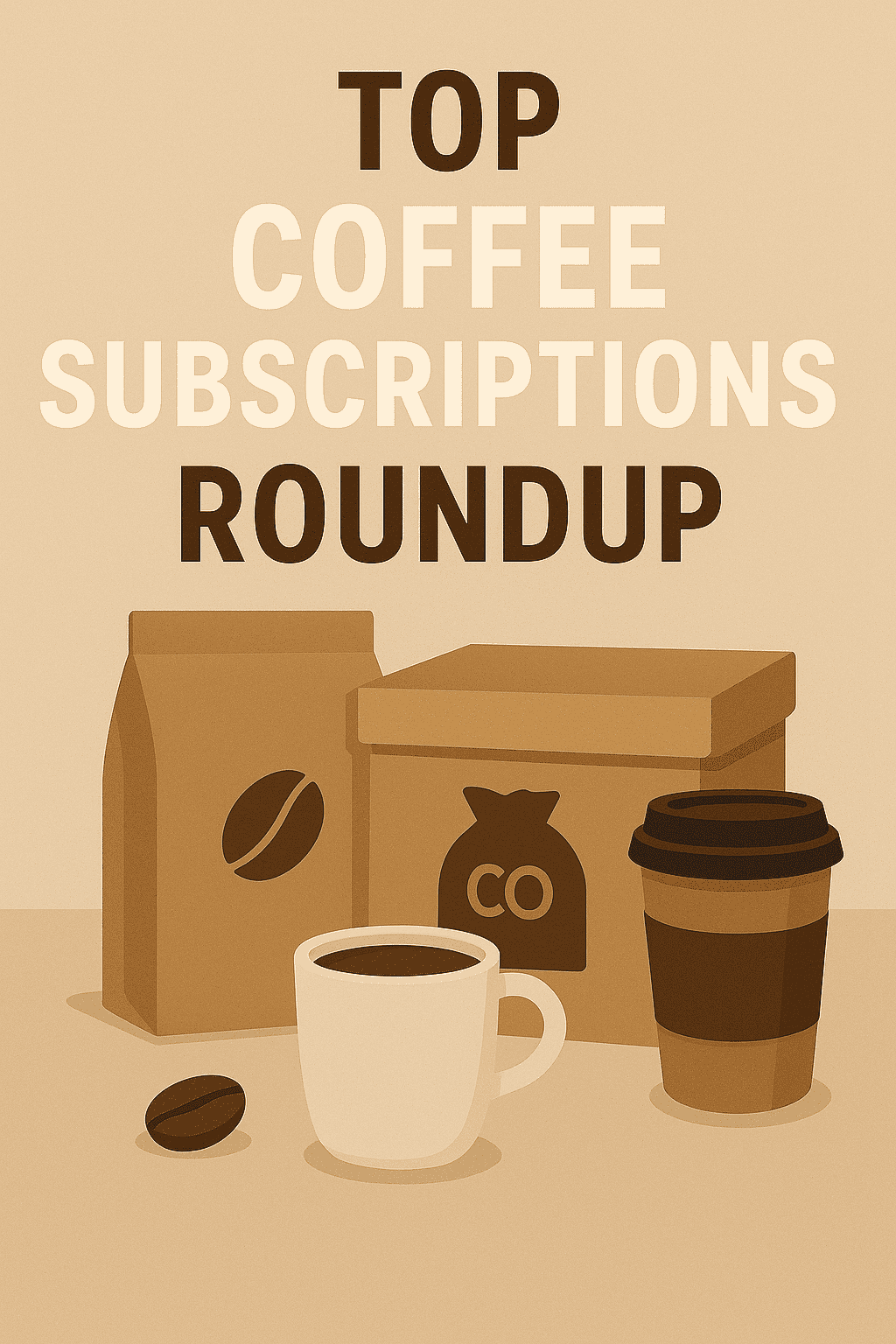 High-quality coffee cups, beans, and takeaway coffee in recyclable packaging, promoting top coffee subscription services for coffee enthusiasts.