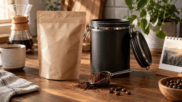 A brown paper bag of ground coffee, a scoop with coffee grounds, and a coffee canister on a wooden table, with coffee beans and brewing equipment in the background.