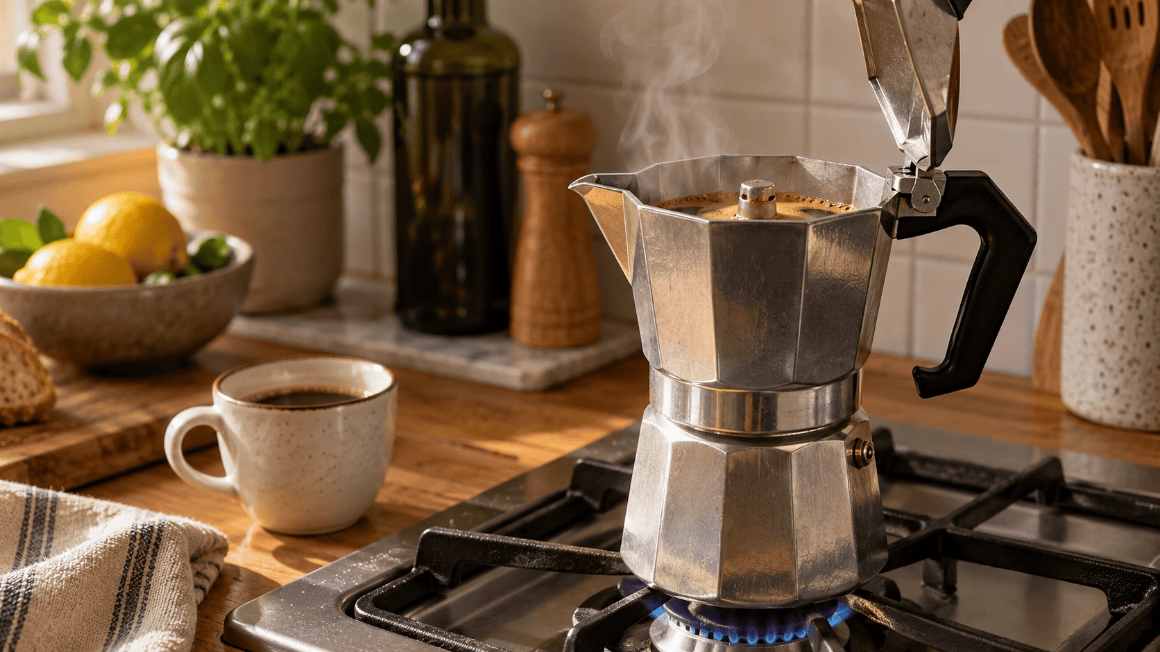 Close-up of a moka pot brewing coffee on a stovetop with steam rising, surrounded by kitchen items and natural light.