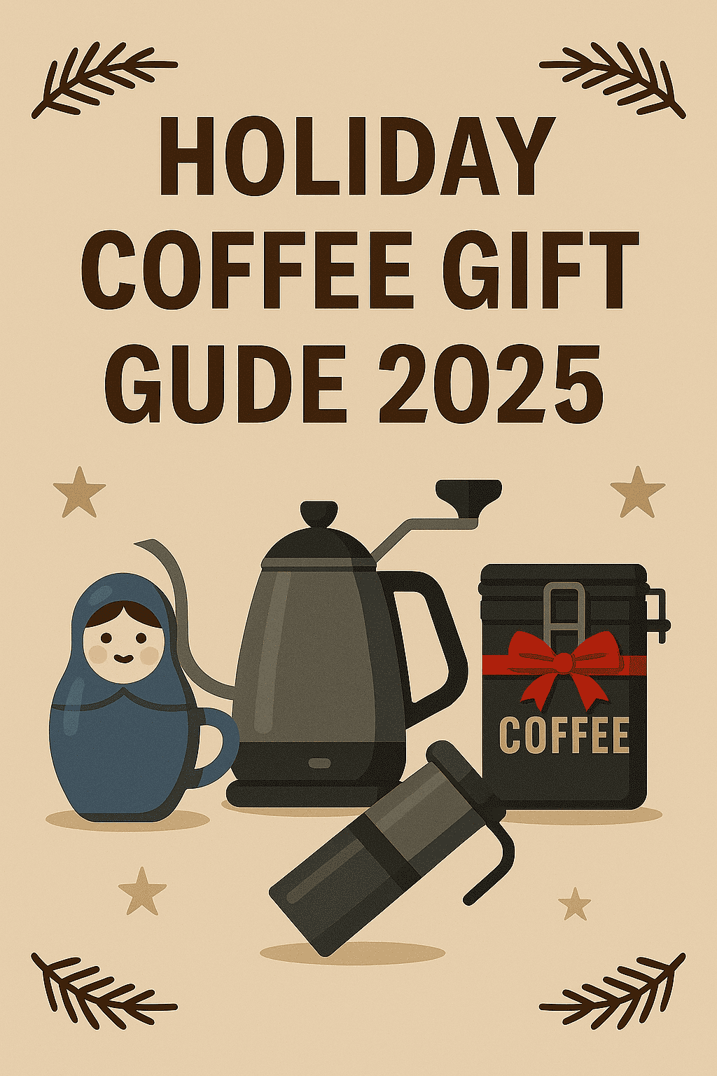 A festive holiday coffee gift guide featuring coffee beans, a French press, a coffee mug, and a gift box with a red ribbon for 2025, perfect for coffee lovers during the holiday season.