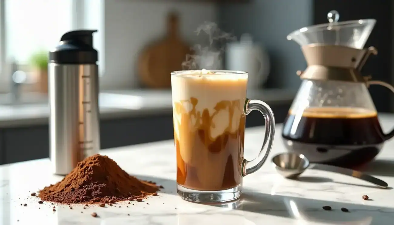 Rich caramel macchiato with milk foam, ground coffee, and pour-over coffee brewing setup, perfect for coffee enthusiasts seeking quality, flavorful coffee drinks and home brewing tips.