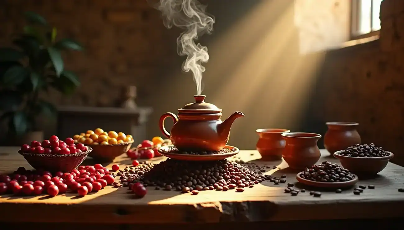 A steaming teapot surrounded by colorful berries and coffee beans in a cozy rustic setting, with sunlight streaming through a window, creating an inviting atmosphere.