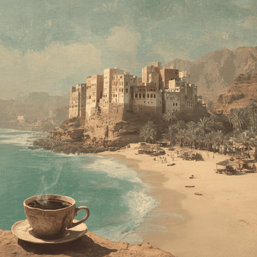 A steaming cup of coffee placed on a rock overlooking a scenic coastal view with a historic castle on a hill, palm trees, and a sandy beach under a partly cloudy sky.