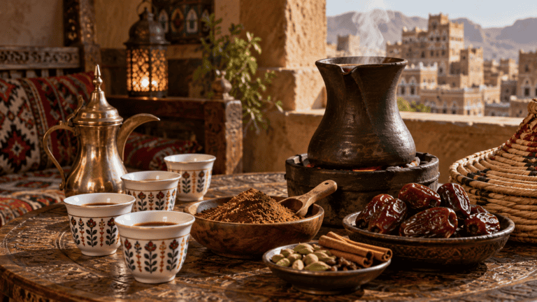 Traditional Yemeni coffee setup with coffee beans, dates, spices, and a cezve on a rooftop with cityscape background.
