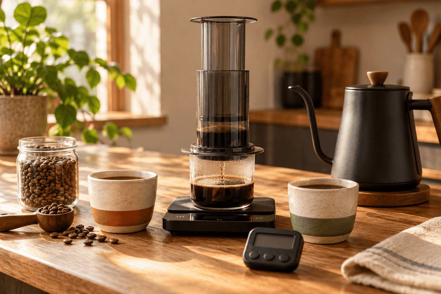 AeroPress coffee setup with scale, beans, and notebook