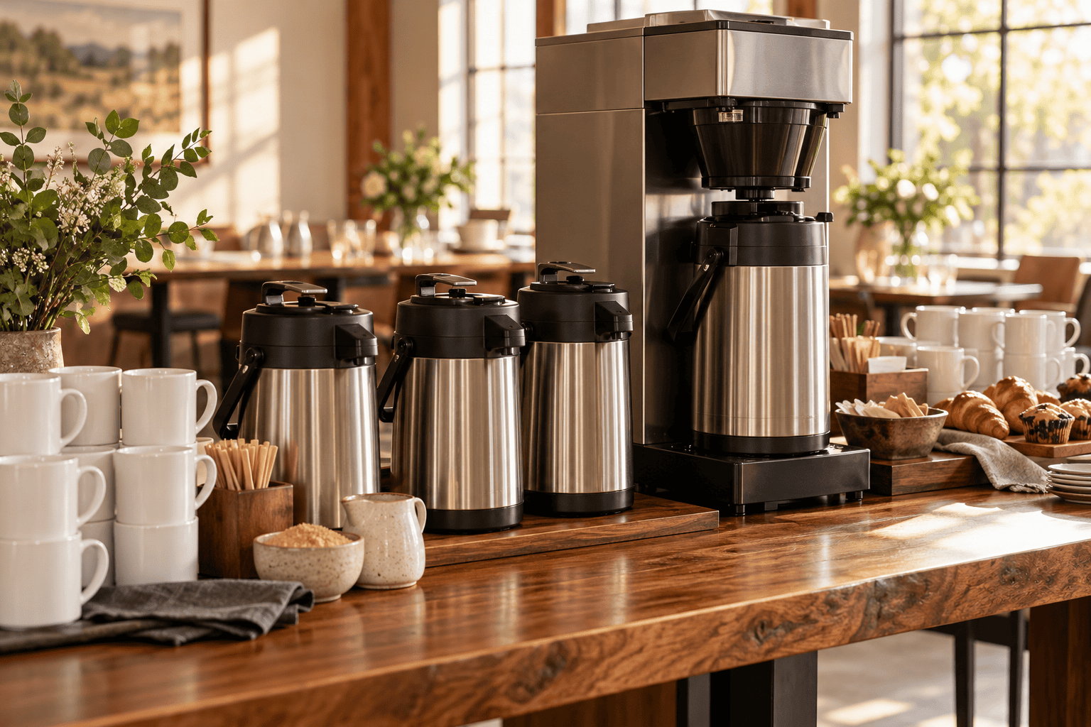 Modern coffee station with stainless steel brewers, thermos flasks, cups, and pastries on a wooden bar.