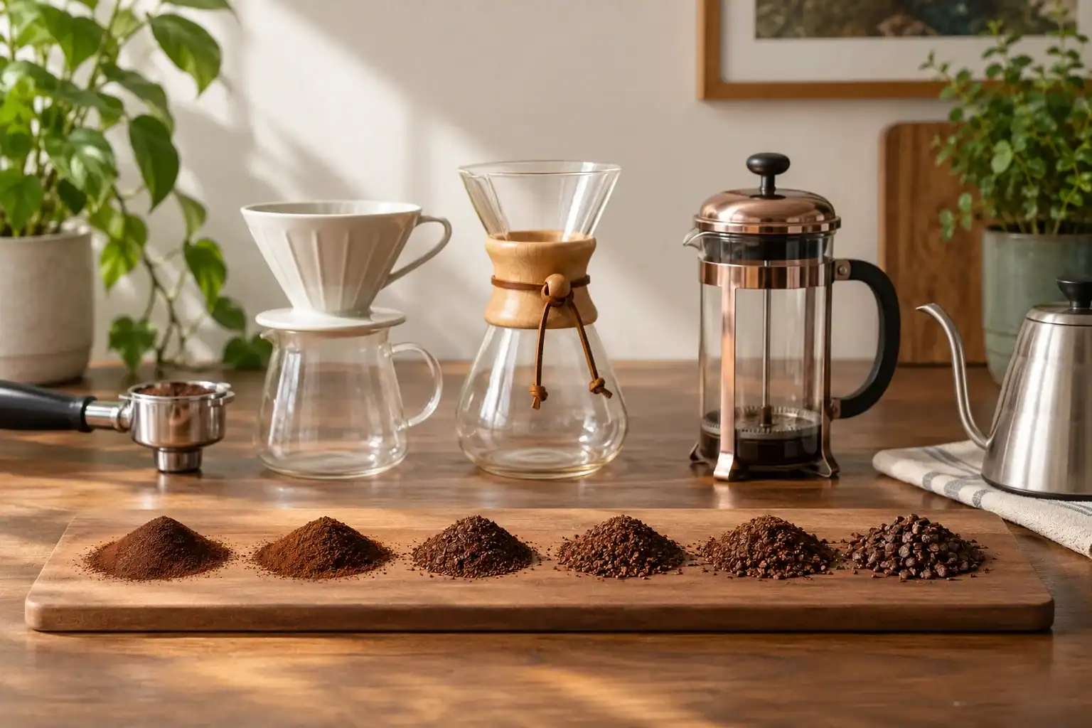 Coffee grind sizes matched to brewing methods