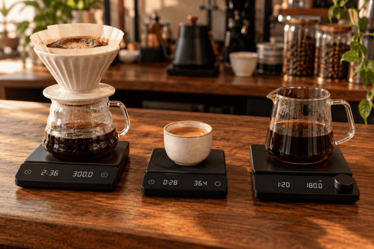 Digital coffee scales beside pour-over brewing equipment