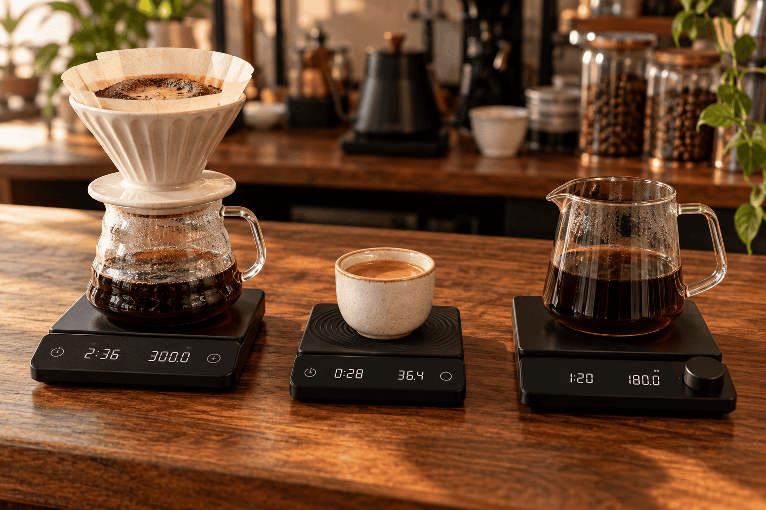 Digital coffee scales beside pour-over brewing equipment