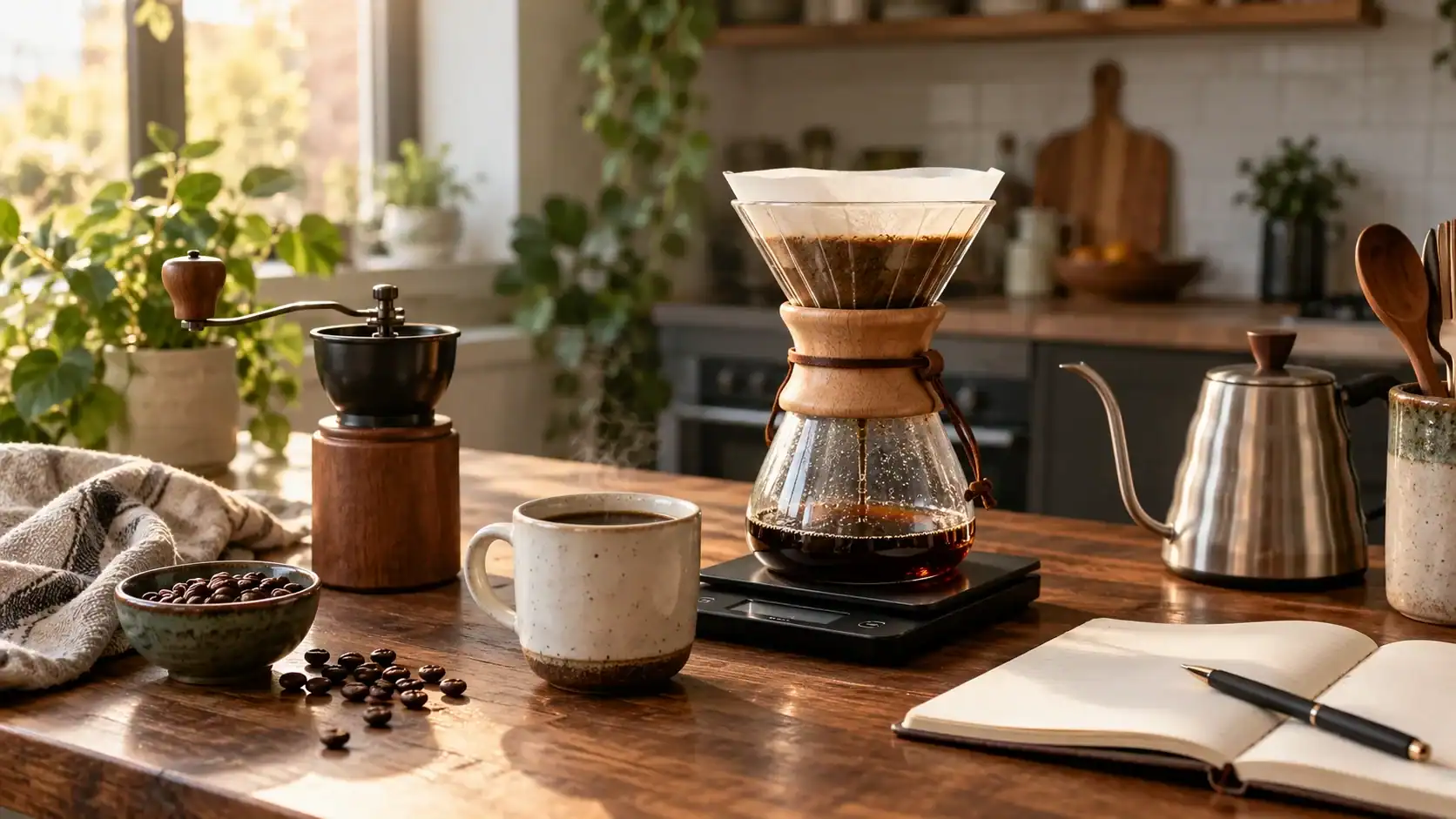 Pour-over coffee, grinder, scale, and tasting notes on a warm home coffee bar