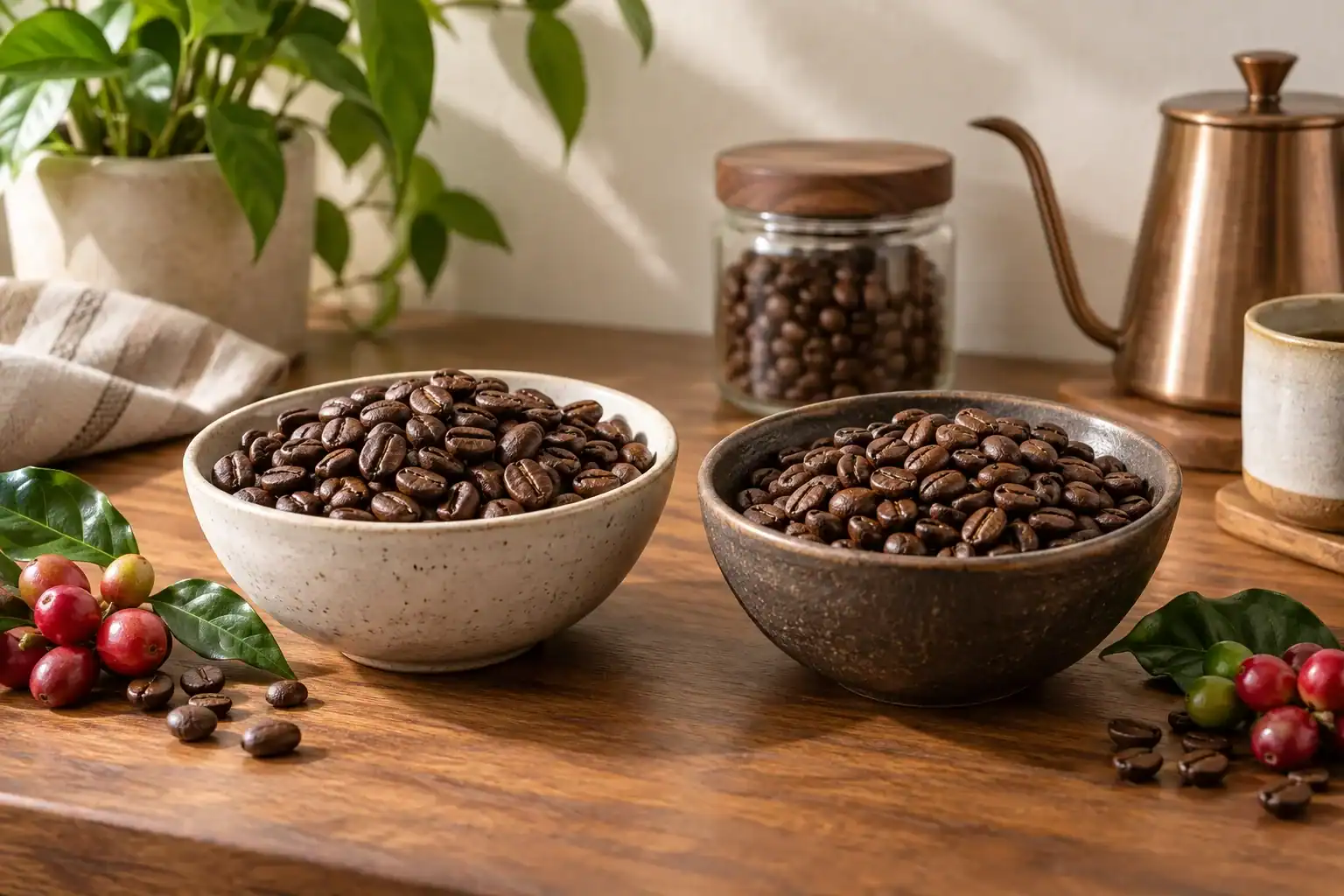 Arabica and Robusta coffee beans compared